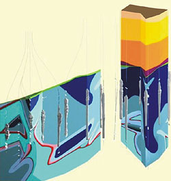 Vertikalschnitt und Ausschnitt aus einem 3D-Körper eines Kavernenfeldes  