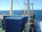 Die „M/V Italica“ mit der BGR-Ausrüstung an Bord auf dem Weg in die Antarktis